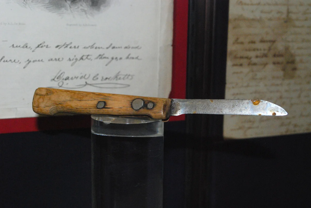 A knife formerly owned and used by Davy Crockett during the Battle of the Alamo on display in the San Jacinto Museum of History at the San Jacinto Battleground State Historic Site in Harris County, Texas.
According to the museum, after Crockett's death during the battle, Andrea Castañón Villanueva (also known as "Madam Candelaria") took the knife, and later gave it to Juan L. Lynn, who then gave it to Sion Record Bostick. Bostick, himself, fought during the Texas Revolution in the Battle of San Jacinto.