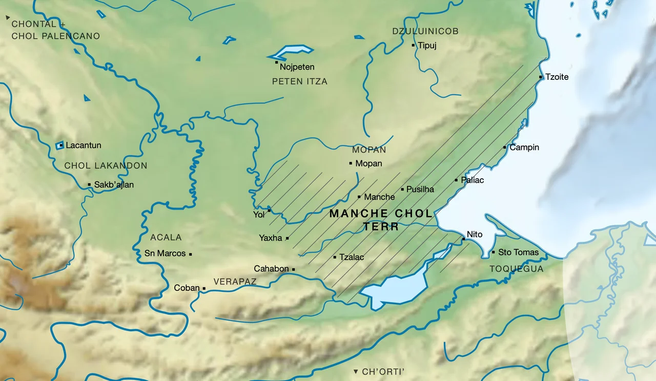 Rough PNG map of the Manche Chol / Ch'ol Territory and environs in the 16th century, based on File:Maya civilization location map-blank.svg, and processed via MacOS Pages, with (1) some toponym spellings per Jones 1998 p xx map 1, and (2) most locations and some toponym spellings per Becquey 2012 maps 3, 6, 8, 10, (3) some locations per Google Maps. Note (1) hatching roughly depicts extent of the Territory in circa mid 16th cent, (2) principal settlements marked in title case, and polities in all caps, (3) all locations are very approximate. 
Cited –

Becquey, Cédric (5 December 2012). "Quelles frontières pour les populations cholanes?". Ateliers d’anthropologie (in French). 37. doi:10.4000/ateliers.9181.
Jones, Grant D. (1998). The Conquest of the Last Maya Kingdom. Stanford, California, US: Stanford University Press. ISBN 978-0-8047-3522-3.