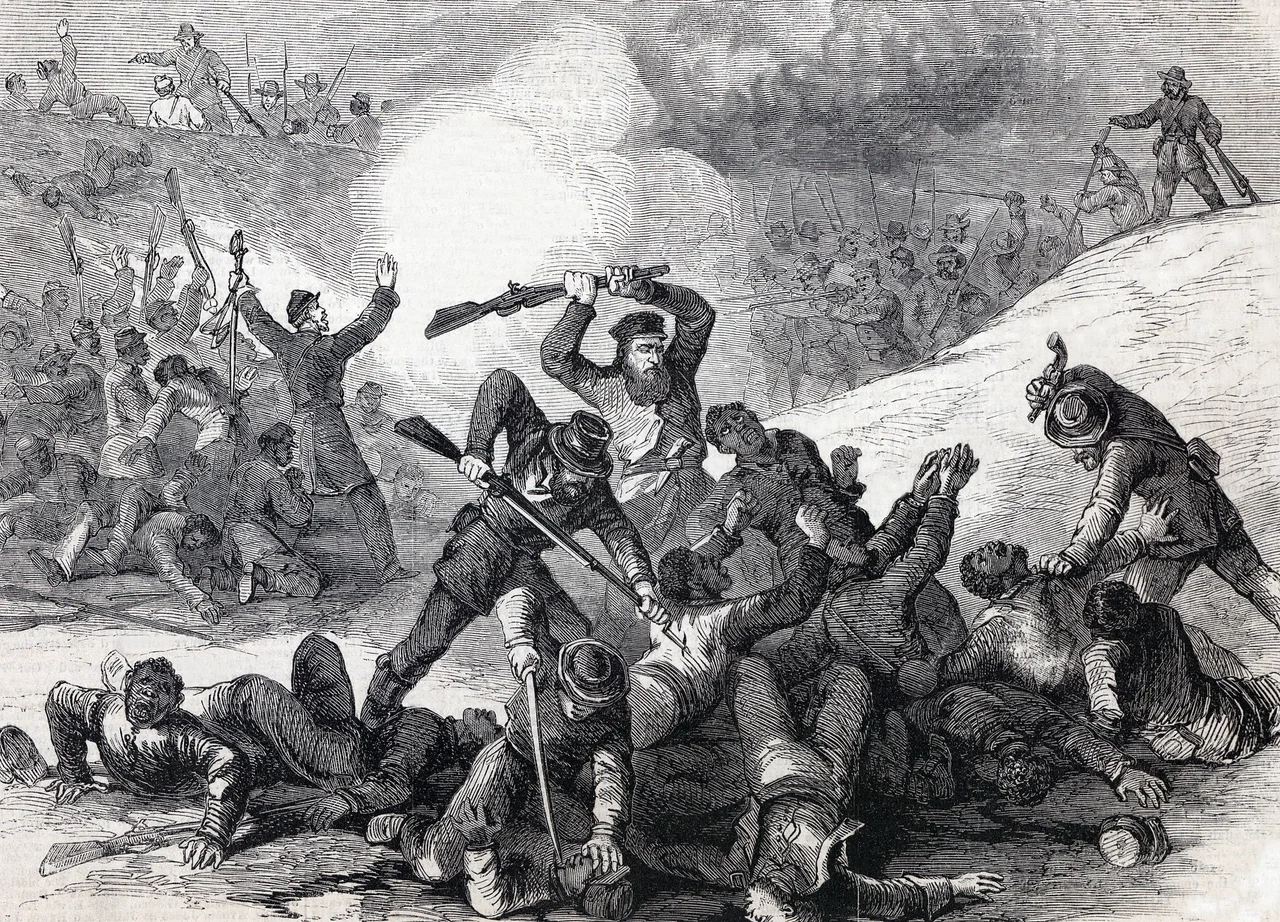 The war in Tennessee : Confederates massacre Union soldiers after they surrender at Fort Pillow, April 12th, 1864.