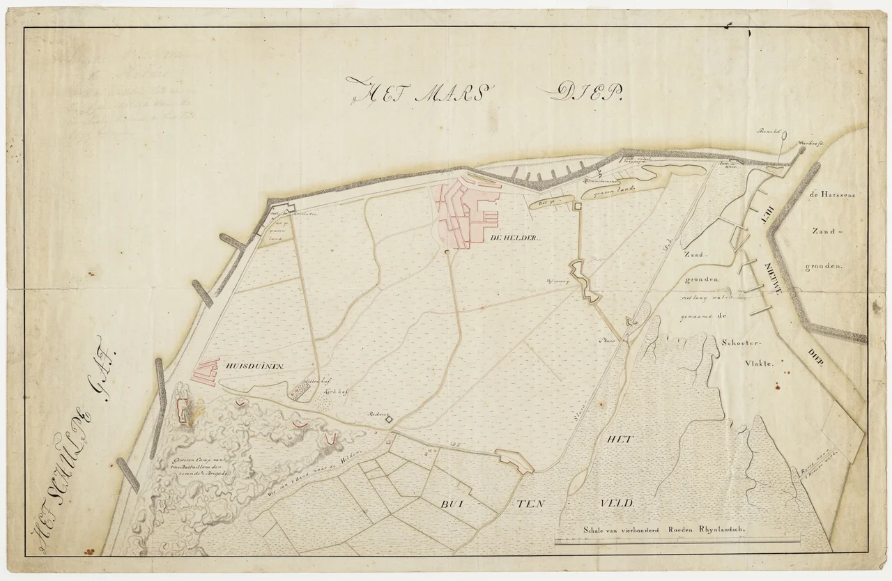 Linksboven dun met potlood: "Situatie Plan van den Helder met de polder Zoo als die zich bij den aftogt van de Engelsche Armee in het jaar 1799 bevond". Getekend op een schaal van 400 Rijnlandse Roeden.
Vervaardiger: Onbekend
Catalogusnummer: PR 1005089